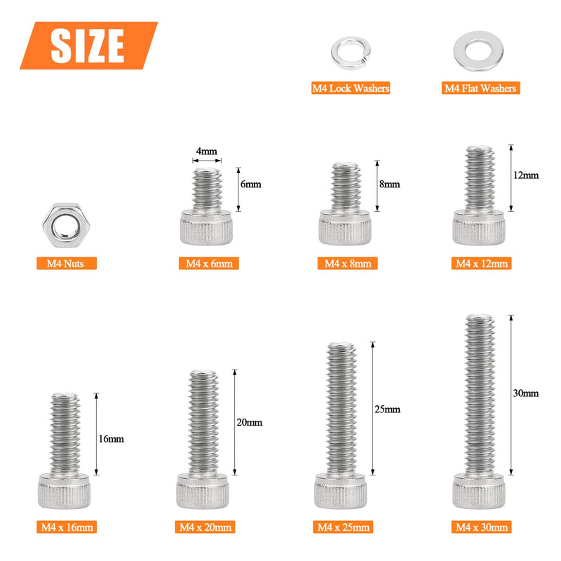 350 Pieces M4 x 6mm /8mm /12mm /16mm /20mm /25mm /30mm, Hex Socket Head Cap Screws Bolts Washers Nuts Kit, 304 Stainless Steel Socket Head Screws