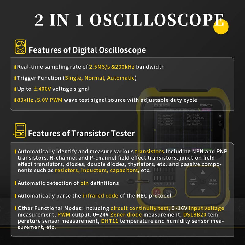 Oscilloscope Multimeter, Handheld Oscilloscope, 200kHz Bandwidth Portable Transistor Tester Digital 2 In 1 Testing Tool PWM Square Waves Output 2.4 Inch Color Display with Backlight