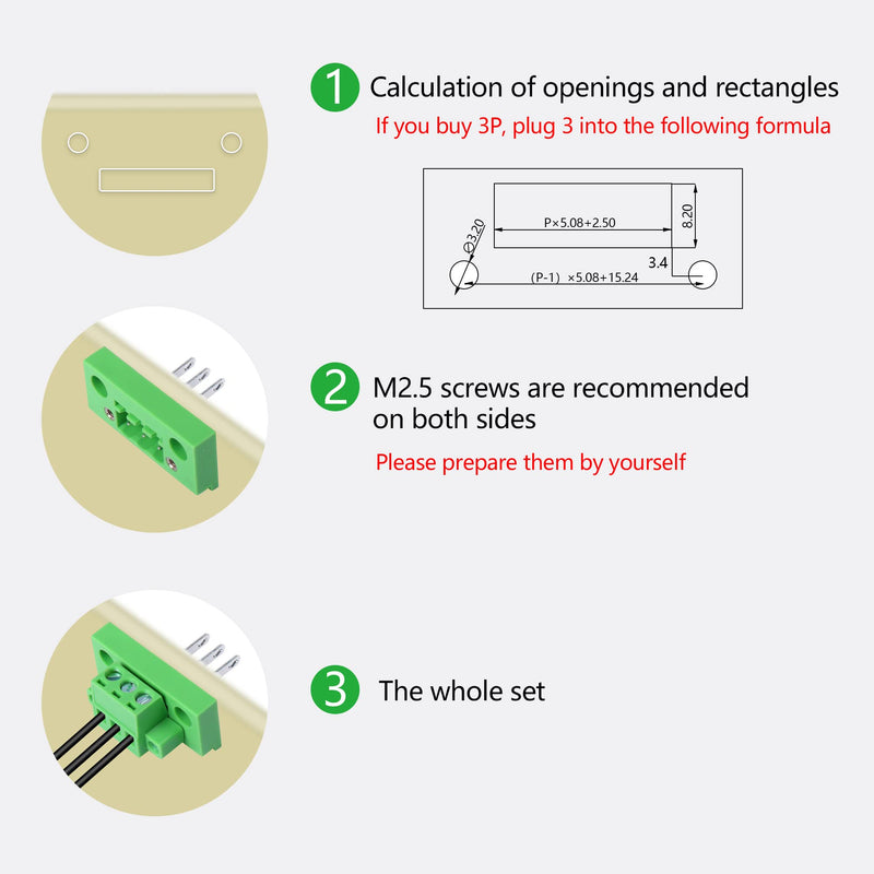 GINTOOYUN 2 Sets 3 Pin 5.08 mm Terminal, 3-Pin Pluggable Screw Terminal Block Connectors, 3P Through-Wall Terminal Connectors 2EDGWB+2EDGKM with Screw Lock Plate Fixed
