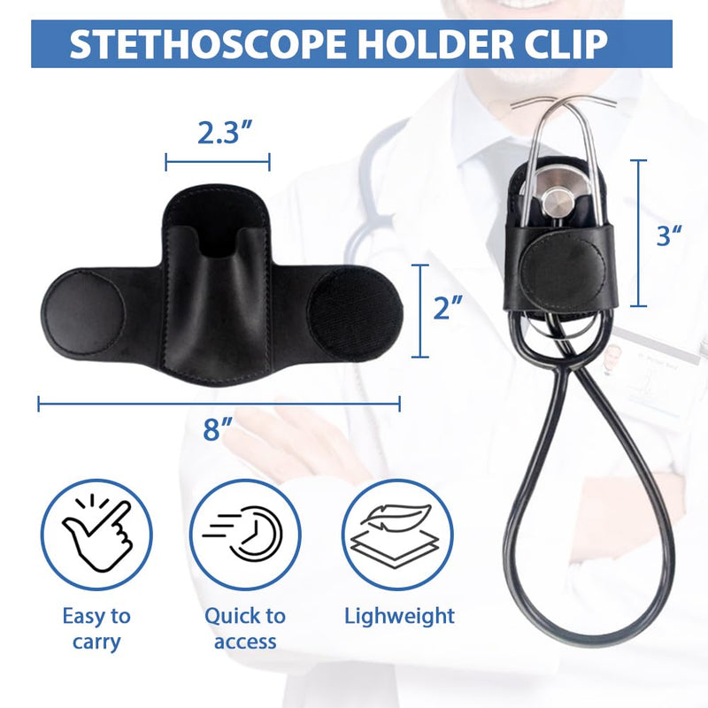 Stethoscope Hip Holder Clip for Nurses EMTs & Medical Students, PU Leather Belt Holster for Scrubs Pockets & White Coats, Hands Free Stethoscope Holder Fits Littmann & Most Stethoscopes Black PU Leather Black