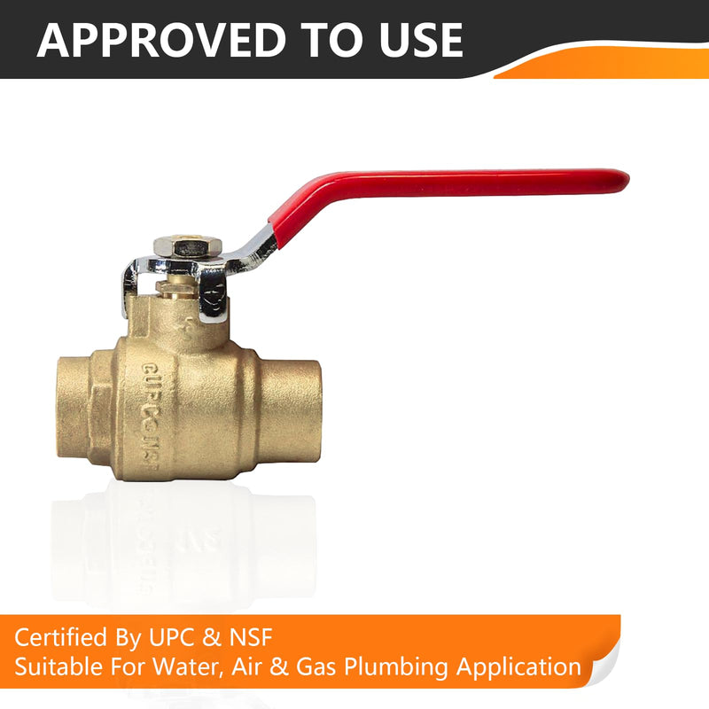 2-Pack 3/4 Inch Sweat Ball Valve, Brass Full Port Shut-off Valve,3/4" SWT x 3/4" SWT, 600 WOG (Water, Oil and Gas),Red 3/4 INCH,2 PACK SWEAT,RED
