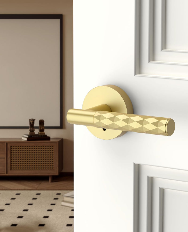 Asidrama 1 Pack Brushed Gold Privacy Door Knob or Lever with Lock, Heavy Duty Reversible Interior Door Handles for Bedroom Bathroom, Left Right Sided Doors