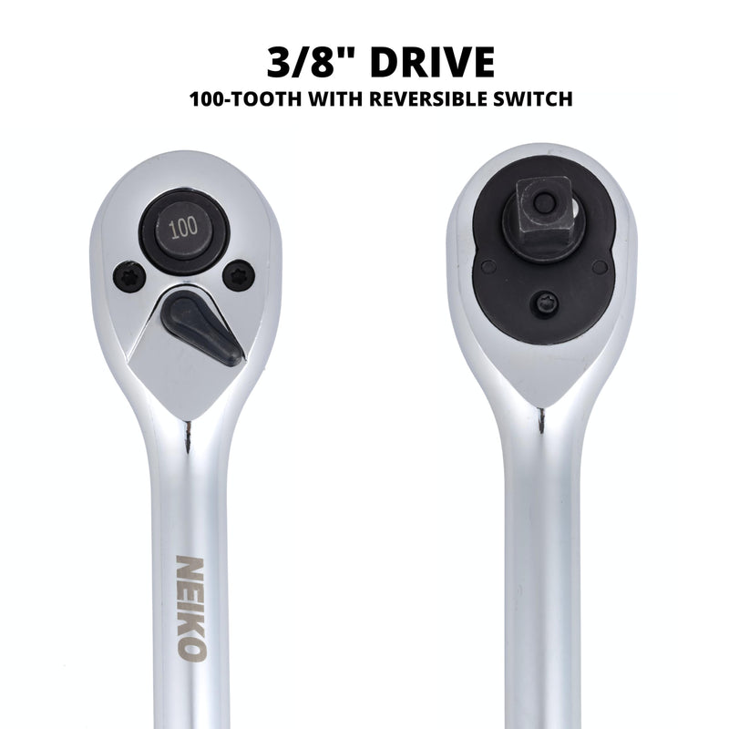NEIKO 03116A 3/8 Inch Ratchet Wrench, 100-Tooth Reversible Ratchet, 3.6 Degree, Quick Release 3/8 Drive Ratchet, 8" Long Handle Ratchet, Oval Head Socket Wrench, CR-V Steel Ratchet Wrench 3/8" Drive 8" Length, 100-Tooth