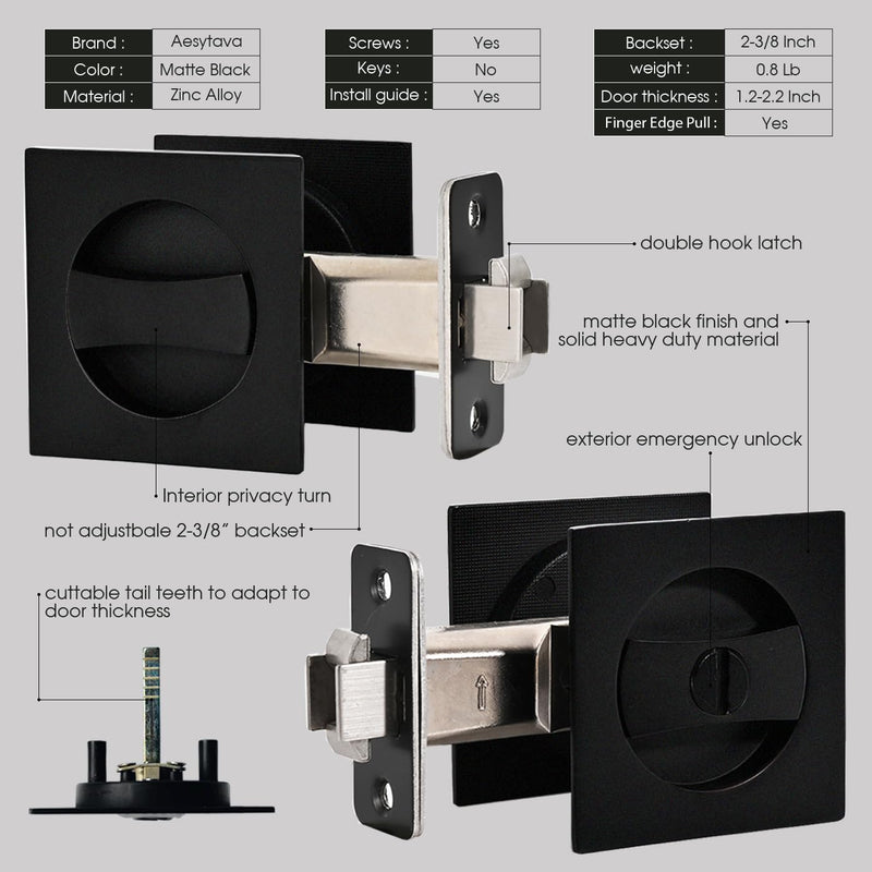 Black Pocket Door Hardware, 2 3/8" Backset, Matte Black Pocket Door Lock for Bathroom, Heavy Duty Solid Square Pocket Door Hardware(2 Pack) 2 Pack 2 3/8"