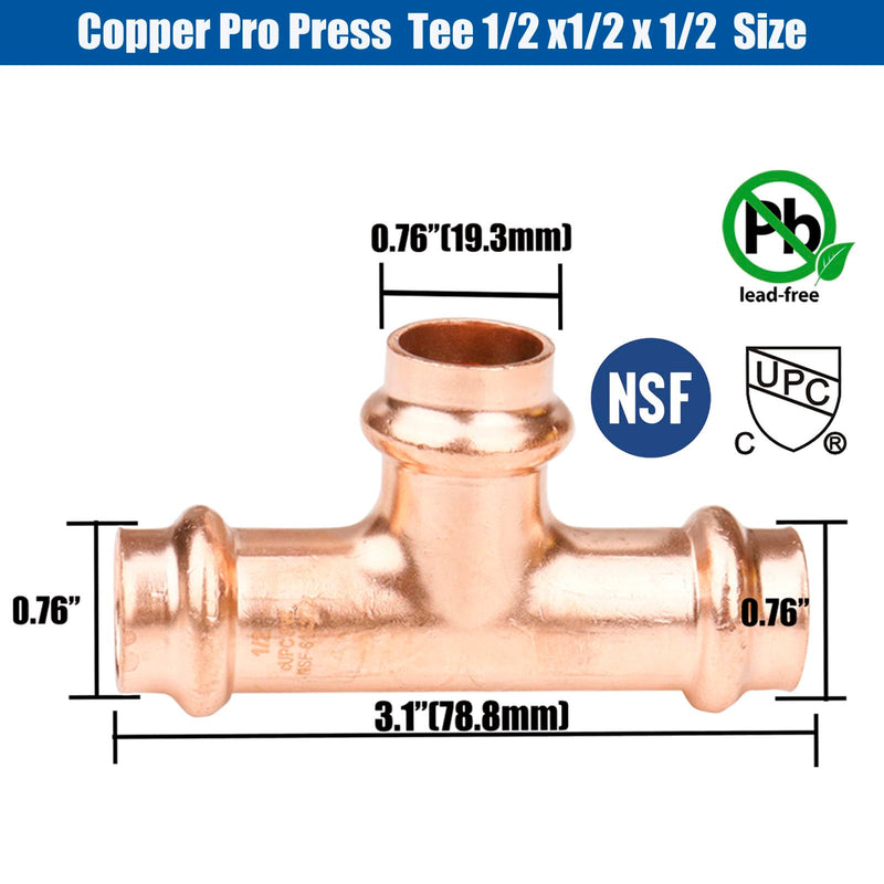 WHK 8 Packs Copper Pro press Fittings Tee 1/2 inch Press T Coupling 1/2x1/2x1/2 Press Tee