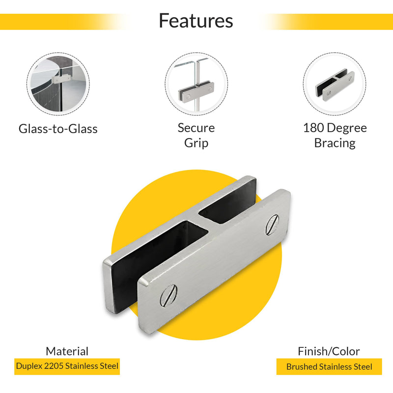 Brixwell Glass-to-Glass Bracing Clamp 180 Degree Type, Duplex 2205 Stainless Steel, Brushed Stainless Steel Finish, Fits 3/8" to 1/2" Tempered Panels, 3-15/16" Overall Length, 1-1/8" Overall Height