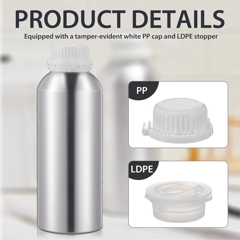 2 Pack Aluminum Bottles 1100 ml High-purity Brushed Aluminum for Hazardous Chemical Transport with Tamper Evident Caps & Ldpe Plugs for Essential Oils & Solvents 2