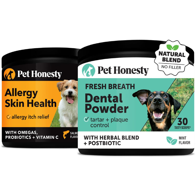 Virtual Bundle Allergy Skin Health + Dental Powder for Teeth Cleaning & Plaque Removal, Fish Oil & Probiotics for Healthy Skin, Coat, and Shedding Reduction