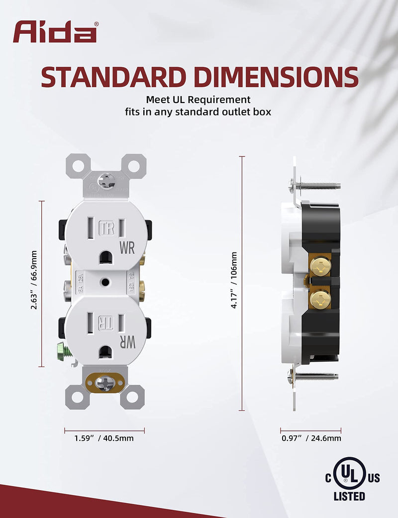 AIDA 15 Amps Outlets Duplex Electrical Receptacle Outlets,Weather Resistance & Tamper Resistant Electrical Receptacle, Wall Outlet,2 Pole,3-Wire, Self-Grounding, NEMA 5-15R,UL Listed 10 Pack, White Without Wall Plate