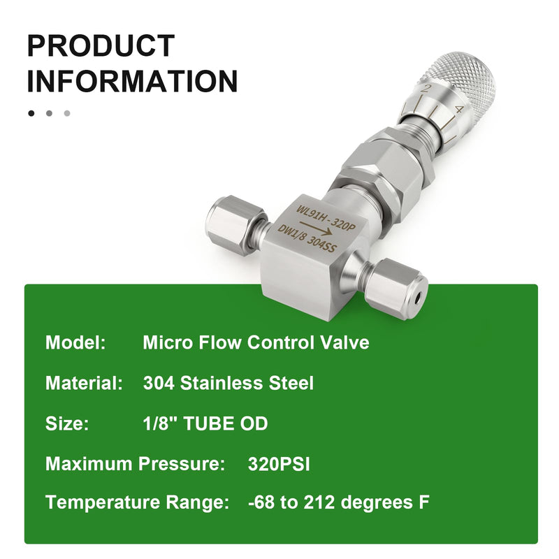TAISHER 1PCS 304 Stainless Steel Reduce Port 3mm Needle Valve 1/8" OD，Accurate Dials For Micro Flow Control Instrument Gauge Water Gas Oil
