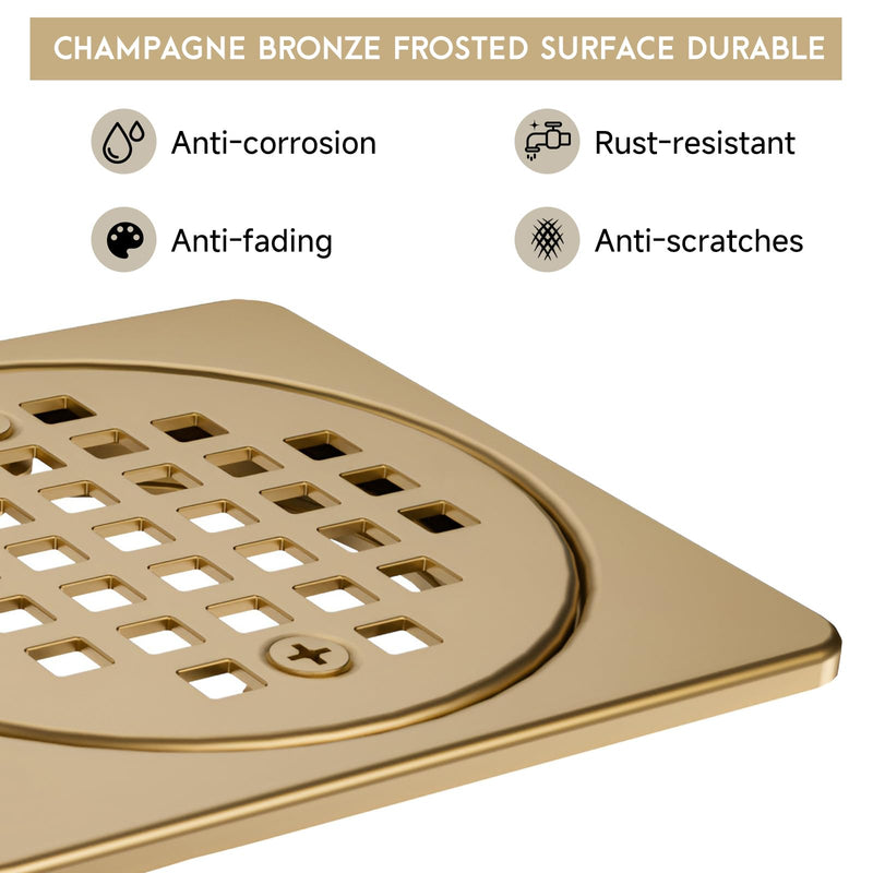 Yaseingo Removable Square Shower Floor Drain Compatible with Schluter Kerdi Drain Flange, 4 Inch Drain Grate Kit SS304 Stainless Steel and ABS Material - CUPC Certification, Champagne Bronze