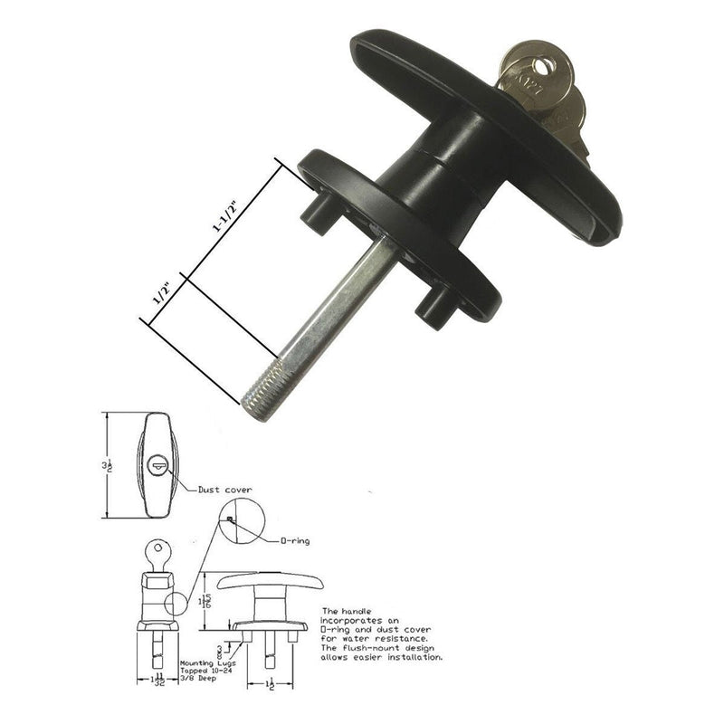 Gordon Glass Co. T-323T Matching T-Handles Lock Set | Keyed with Key K127 | Shaft 2 Inch Total Length, 1/2 in Thread on end | Primarily Used by Leer and Century Fiberglass Truck Caps.