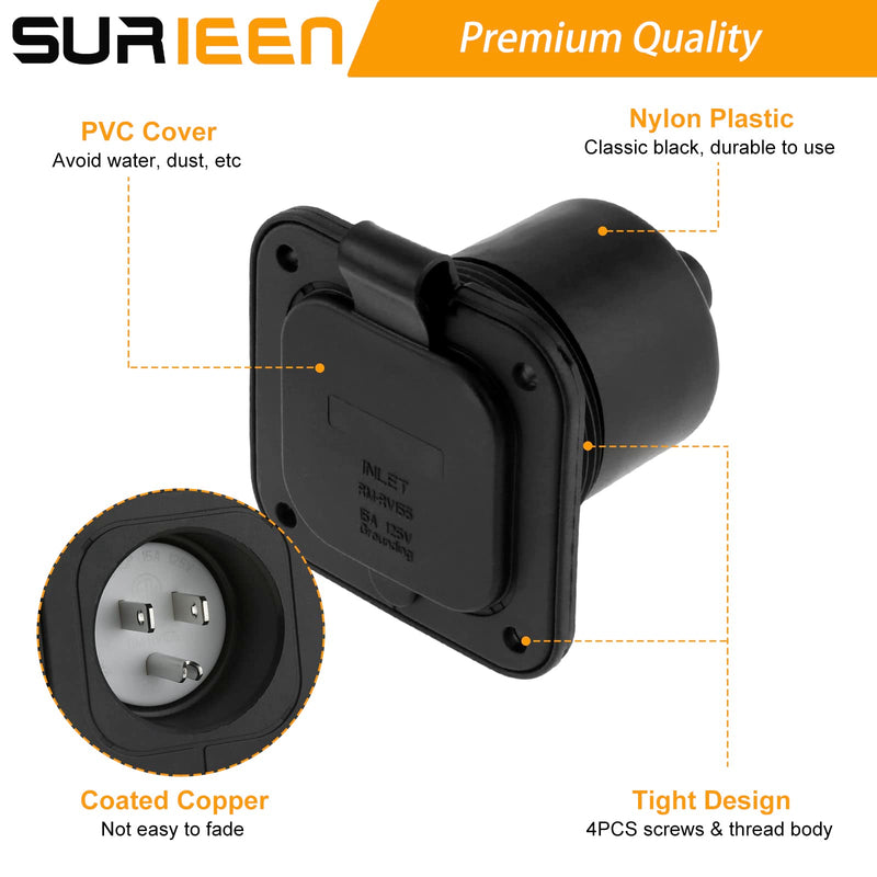 15 Amp Flanged Inlet, 125V NEMA 5-15P Shore Power Inlet Receptacle, AC Port Plug with Waterproof Cover Recessed Male Outlet, 2 Pole 3-Wire Straight Blade Electric Plug for RV Trailer Shed Block Heater