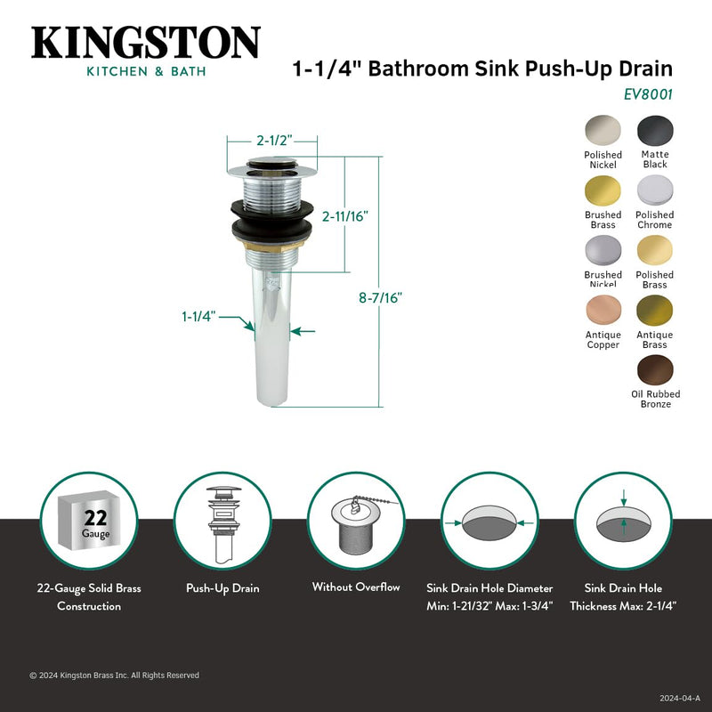 Kingston EV800AC Push Pop-Up Drain Without Overflow, Antique Copper