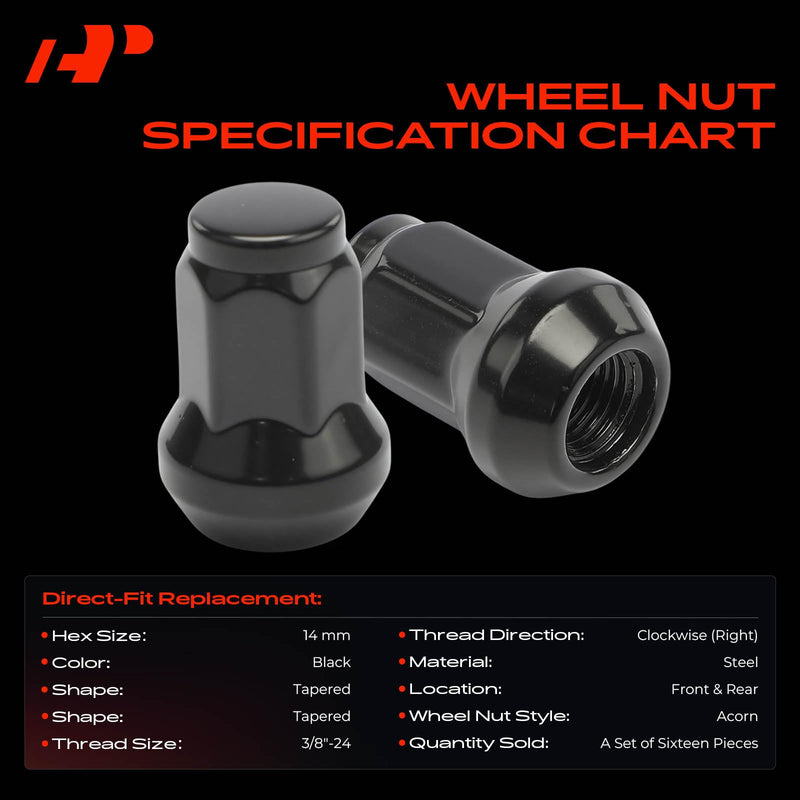A-Premium 16-PC 3/8"-24 Wheel Lug Nuts Compatible with Polaris ATV Models 1985-2023 - RZR 4 XP 900, Ranger Crew 570, Sportsman 450, Trail Boss 330, Xplorer 300, Magnum, Scrambler & More, Front & Rear