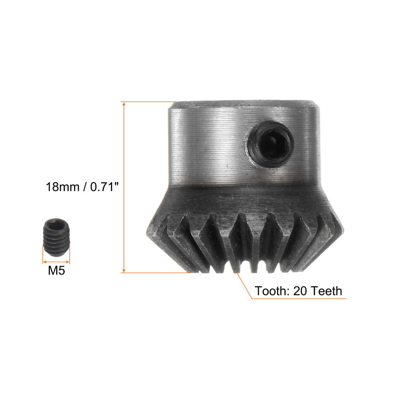 HARFINGTON 2pcs Bevel Gear 1M 20 Teeth 5mm Shaft Hole 1:1 Tapered Bevel Pinion Gear 45# Steel 1 Module 90 Degree Steering Gear with M5 Fixing Hole, for Hardware Mechanical Rotation