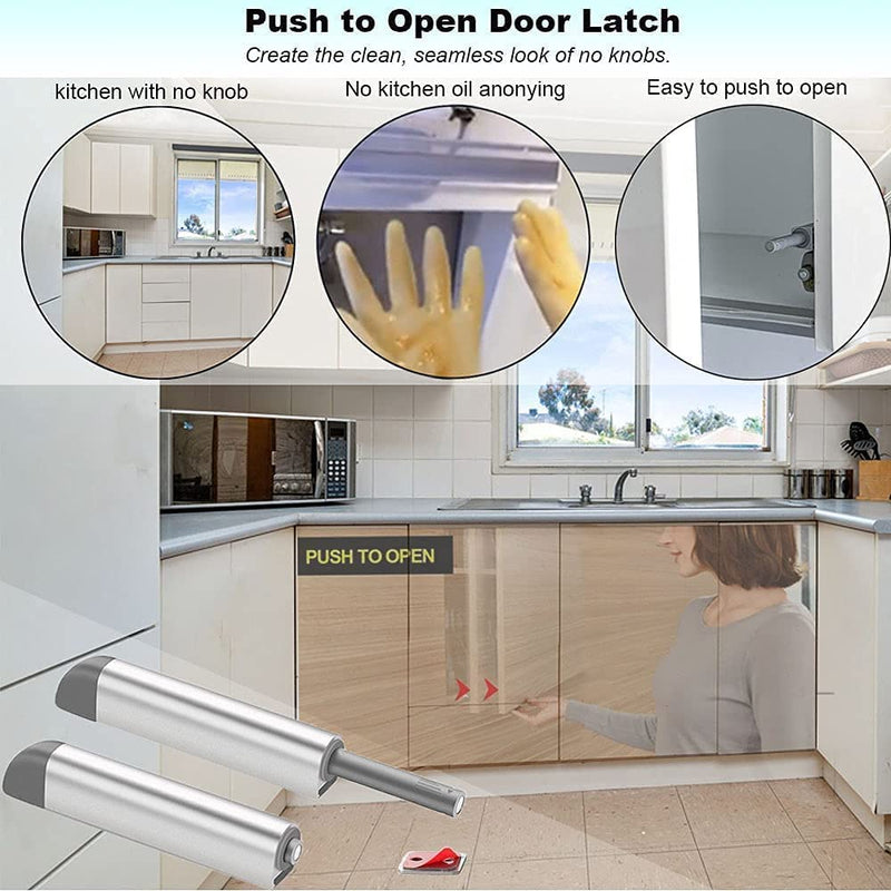 4Pack Push to Open Cabinet Hardware Door Latch & Lock, Magnetic Push Latches for Hidden Door Heavy Duty Magnet Push Release Drawer Pull Strong Pop Out for Kitchen RV Closet Tip On Close- Silver 4 Pack