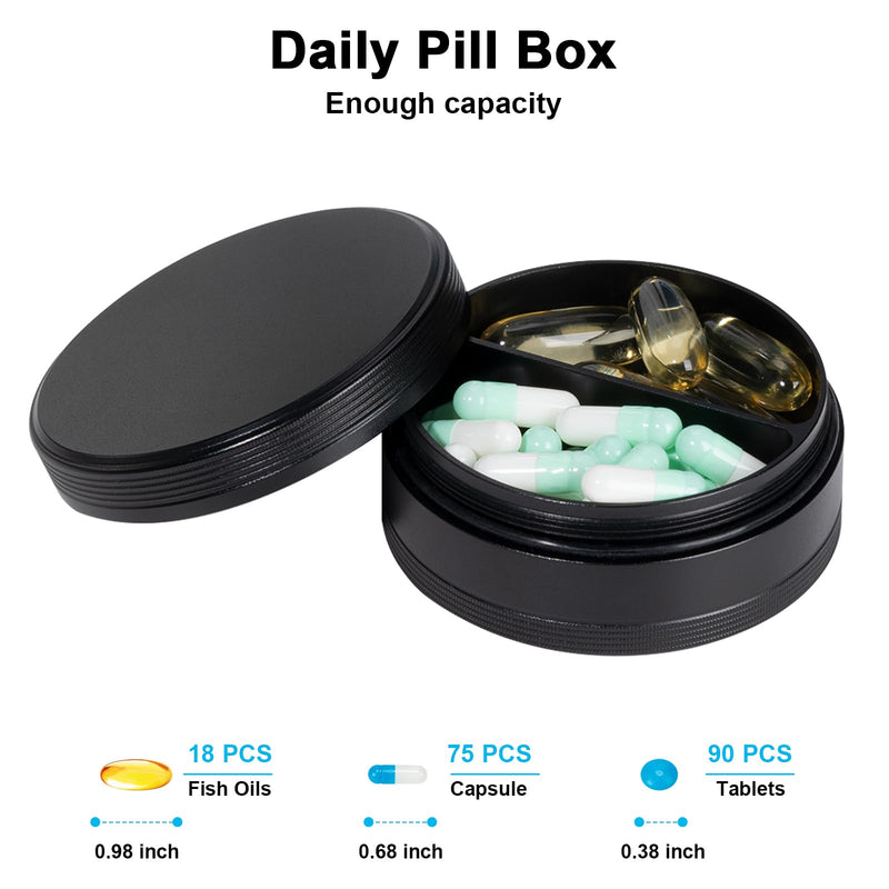 2 Compartment Metal Pill Box - Waterproof Aluminium Travel Pill Case Daily Purse Pocket Medicine Container, Portable Pill Organizer Holder for Medication, Vitamins, Fish Oils Black 2 compartment