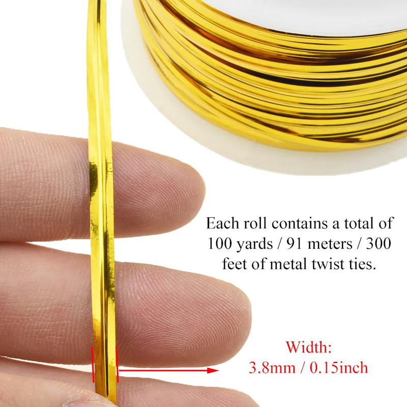 HAHIYO 100Yards/300Feet/91M Gold Metal Twist Ties Bread Candy Coffee Bag Ties Plant Garden Twist Ties for Cellophane Treat Bag Gift Wraping Bag Plastic Bag Halloween Party Cake Present Art Craft