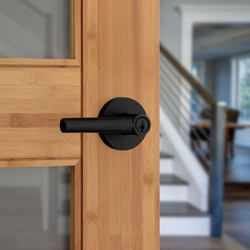 Kwikset Milan Entry Door Handle with Lock and Key, Secure Keyed Reversible Lever Exterior, Doorlock, For Front Entrance and Bedrooms, Matte Black, Pick Resistant Smartkey Rekey Security Keyed Entry