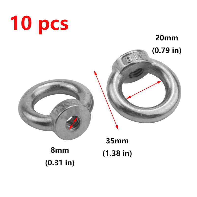 Antrader 10pcs 304 Stainless Steel Ring Shape M8 Lifting Eye Threaded Nut Silver
