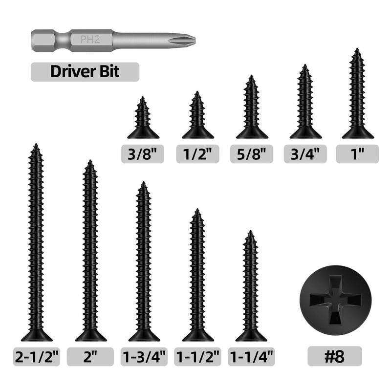 #8 x 1-1/4" 120 PCS Flat Head Sheet Metal Screws, Phillips Drive Self Tapping Screws, Stainless Steel Countersunk Head Wood Screws, Black Coating #8 x 1-1/4"