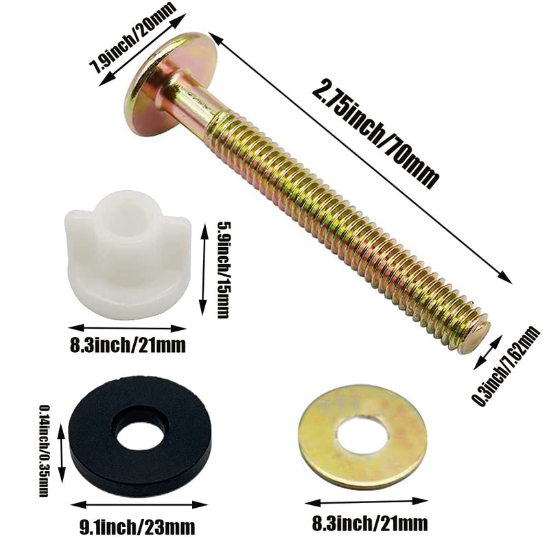 2Pcs Universal Toilet Seat Bolt and Screw Set, Heavy Duty Toilet Seat Hinge Bolts with White Plastic Nuts, Metal and Rubber Washers, Replacement Parts for Top Mount Toilet Seat Hinge