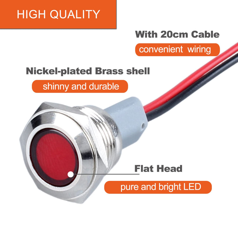 2PCS 16mm Metal Indicator Light Mounting Hole 5/8", 110-220VAC 20mA Waterproof IP67 Single lamp LED Pilot Lamp Flat Head with 20cm/7.87in. Wire for Car Truck Boat(Red LED) Red 110-220V 16mm