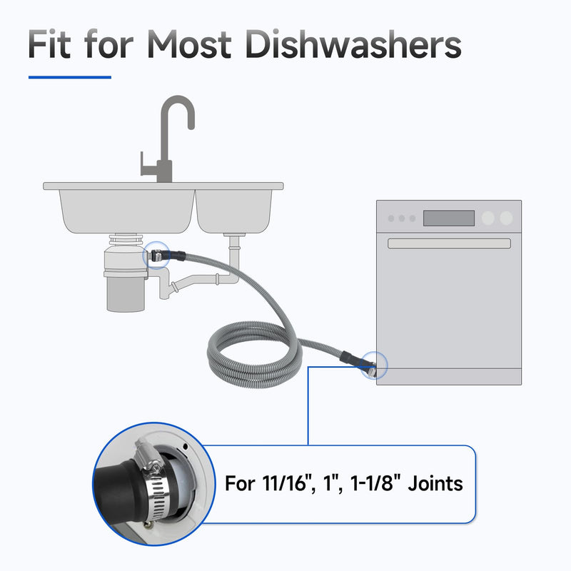 10 FT Dishwasher Drain Hose, Corrugated and Flexible Dishwasher Hose Drain Replacement with Clamps, Discharge Hose Fits 11/16", 1", 1-1/8" Dishwasher End 10 FT Dishwasher End Size：11/16", 1", 1-1/8" Sink End Size：5/8", 3/4", 1"
