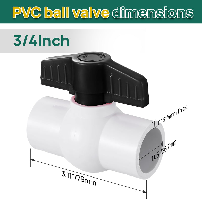 3/4" PVC Ball Valve, 6PACK Black T-Handle Shut-Off Valve, for Cold Water Supply lines 0.75 Inch