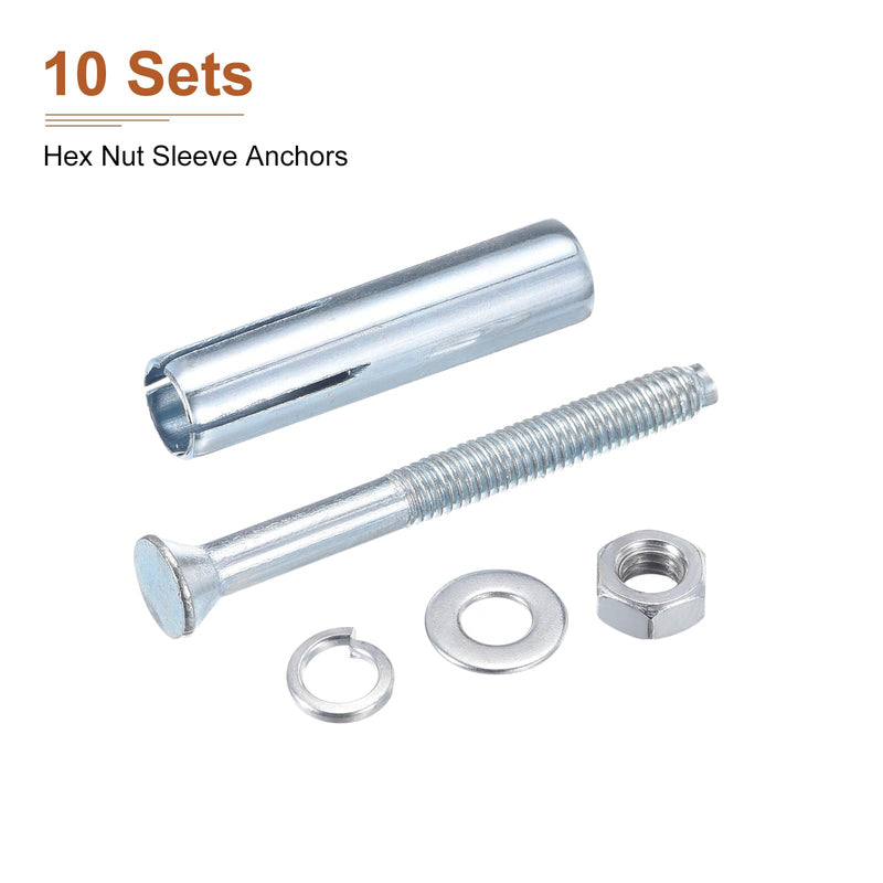 1/4" x 2-1/4" Hex Nut Sleeve Anchors - 10Pack - Good for Concrete Dry Brick Block Walls - Carbon Steel - Silver 10 1/4" x 2-1/4"