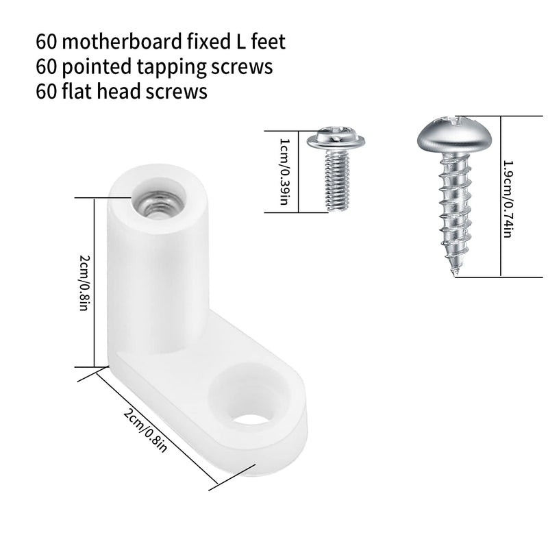 60 Pcs PCB Board Mounting Feet with Screws, White L Shape Circuit Board Plastic Standoffs Mounting Hardware, Game Console Motherboard Fixed Plastic Feet for Arcade Gaming Board Console Motherboard