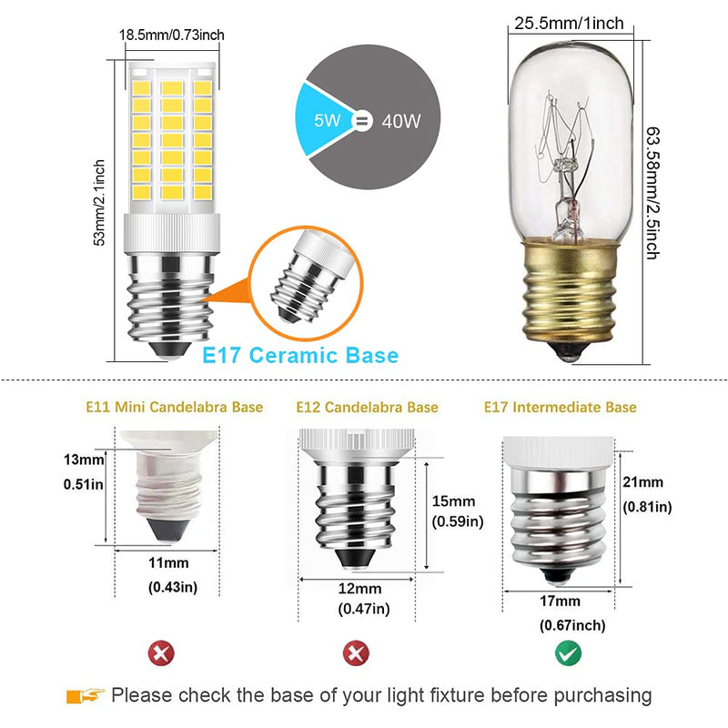 E17 LED Bulb Dimmable, 5W Microwave Oven Bulb, Daylight White 6000K, 40W Halogen Bulb Replacement for Microwave, Over Stove Appliance, Range Hood, Refrigerator, E17 Intermediate Base (2 Pack)