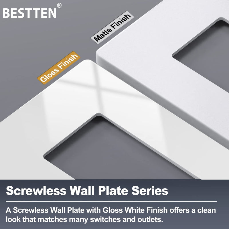 BESTTEN 2 Gang Screwless Wall Plate, 10 Pack, USWP4 Off White Series, Decorative Outlet Cover, H4.69” x W4.73”, Light Switch Cover, Double Gang Receptacle Face Plate 2 Gang 10PK Gloss Off White