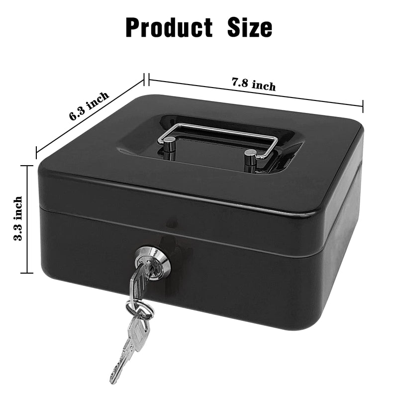 Steel Cash Box with Key Lock, Metal Small Money Organizer with Money Tray,Cash Storage Box with Lockable Cover (Black - 8 inch) Black - 7.8" x 6.3" x 3.3"