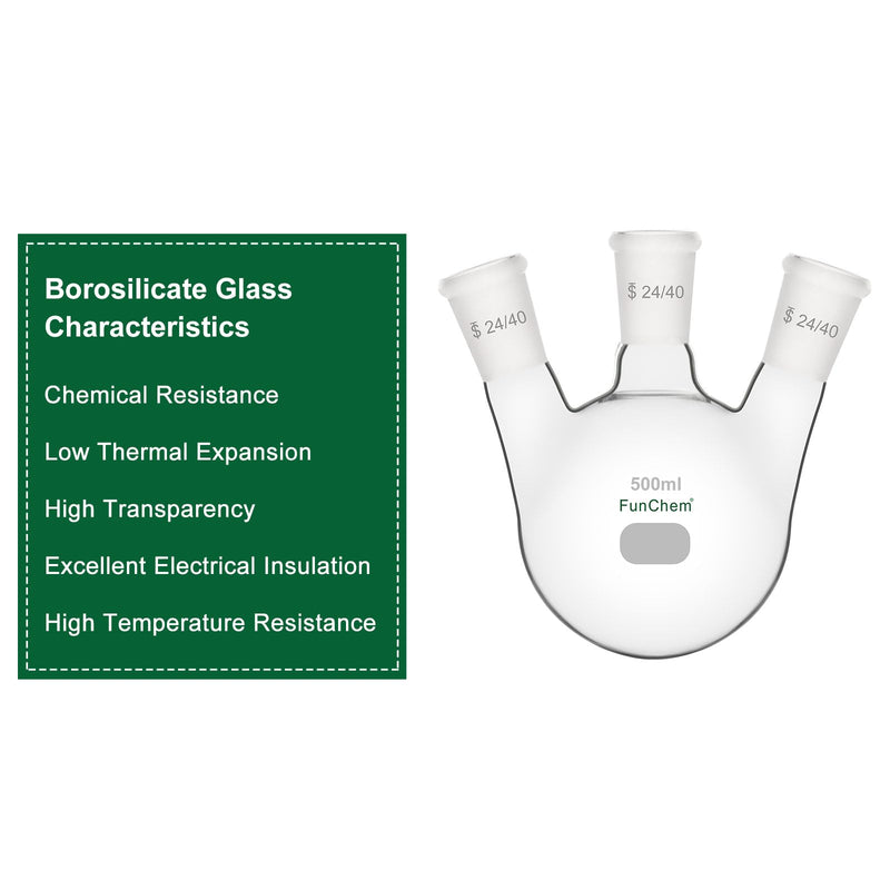 FunChem Three Necks Round Bottom Flask RBF, Glass 3-Neck Boiling Flask with 24/40 Standard Taper Outer Joint, 500 ml