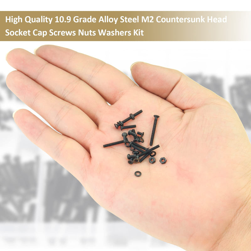 562 Pieces Black M2 x 4/6 /8/10 /12/16 /20mm Countersunk Head Socket Cap Screws Nuts Washers Assortment Kit, 10.9 Grade Alloy Steel