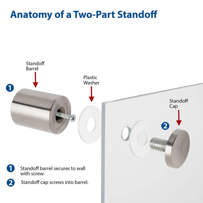 Stainless Steel Standoff 1-1/2 Inch Diameter x 3/4 Inch Barrel Length Brushed Finish for PVC, Glass and Acrylic Sign Stand Off Wall Anchors and Screws 4 Piece Pack for Heavy Signs