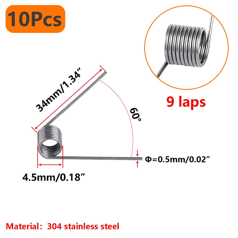 10 PCS Stainless Steel Spring, Mechanical Torsion Spring, 0.5mm Wire Diameter, 4.5mm OD, 9 Laps, 60° Deflection Torsional Spring for Tools Maintenance 0.5mm x 4.5mm x 60 Degrees 9laps