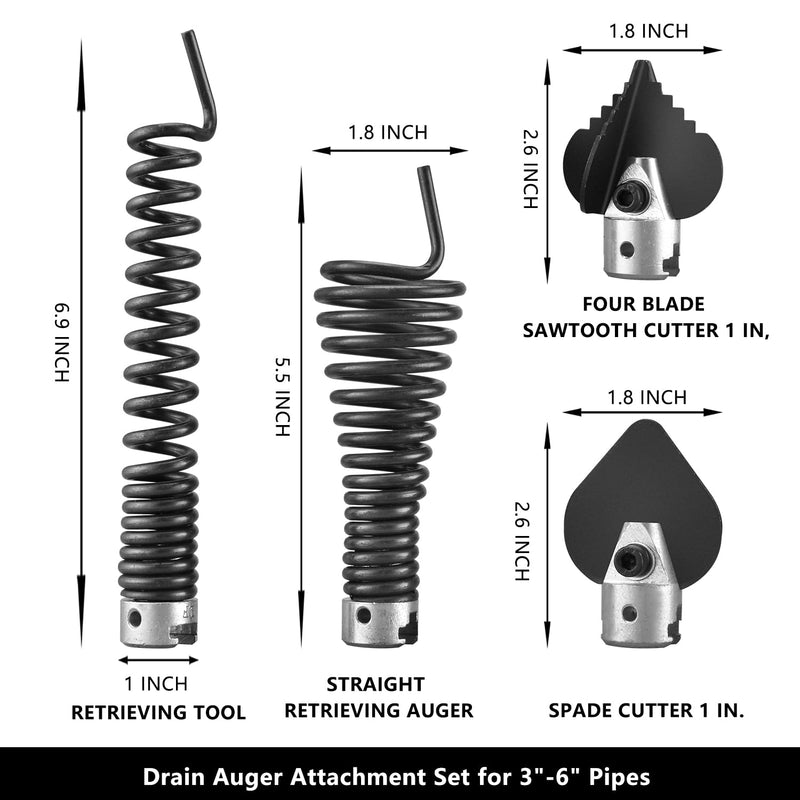4-Piece Drain Snake Heads(7/8Inch)–Includes 4-Blade Saw Cutter,Spade Cutter&Augers–Compatible with K-1500,K-750 & 7/8"-1" Cables for 3" to 6" Pipes–Works with RIDGID,C-8,C-9,C-10 Cables 22mm(7/8Inch)