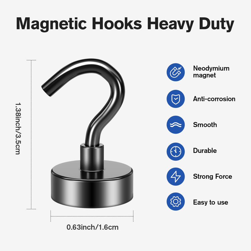 Grtard 20 Pack 25LBS Black Magnetic Hooks Neodymium Magnet Hooks, Strong Magnetic Hooks for Hanging, Magnets with Hooks for Home, Kitchen, Workplace, School, Office-Diameter 16mm 25lbs-20pcs