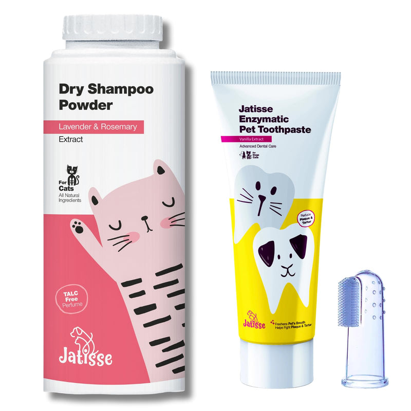 Cat Dry Shampoo Powder with Lavender and Rosemary and Enzymatic Pet Toothpaste | Cat Tooth Brushing Kit | Cat & Dog Dental Care