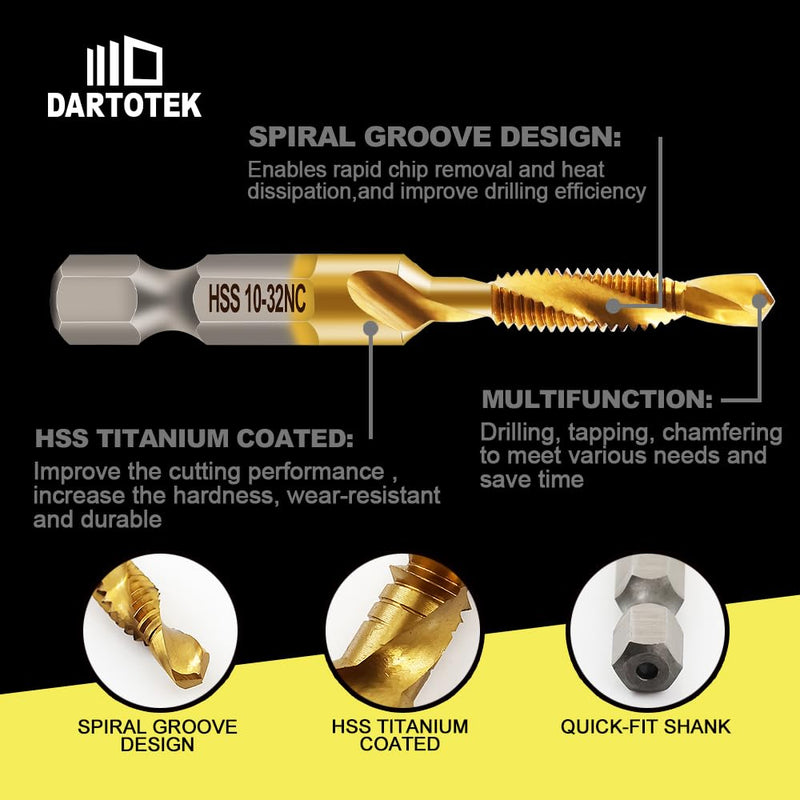 Combination Drill and Tap Bit Set,Titanium Coated Tapping Bit Tool 6pcs SAE Screw tap Drill bit for Drilling Tapping, Countersinking on Electric Drill or Tapping Machine 6pcs/1set SAE Gold 6