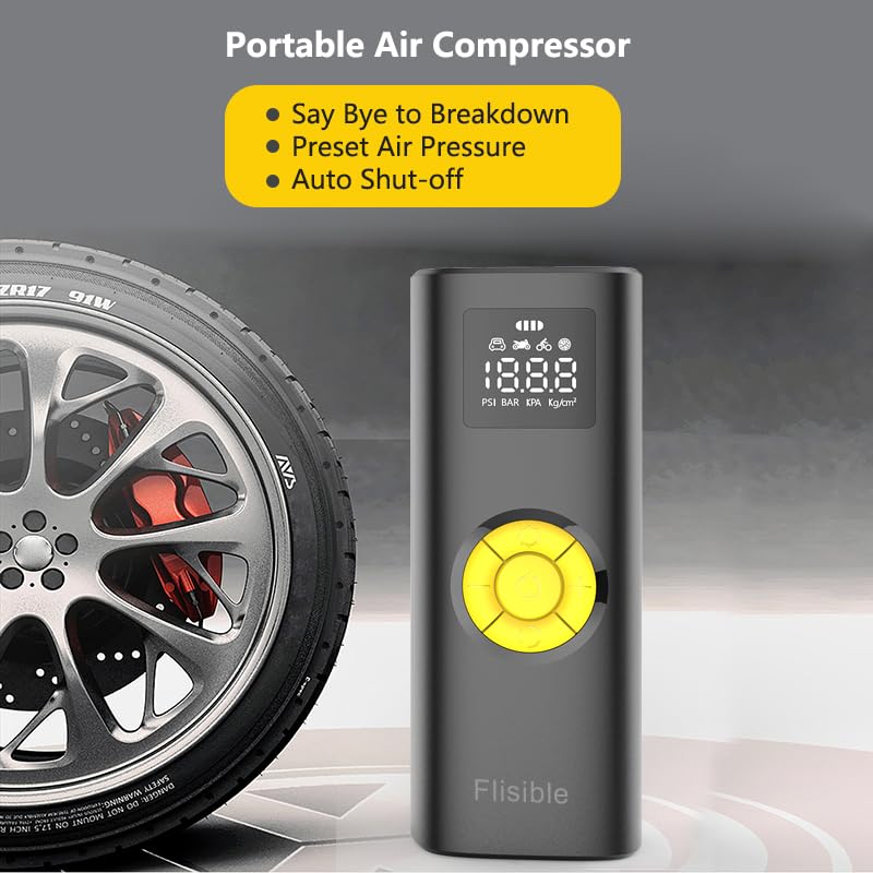 Air Compressor Portable Tire Inflator, 9000mAh Electric Air Pump, 150PSI Bike Pump Cordless Fast Inflate with Pressure Gauge & LED Light & LCD Display for Cars, Bikes, Balls, Motorcycles,Yellow Yellow