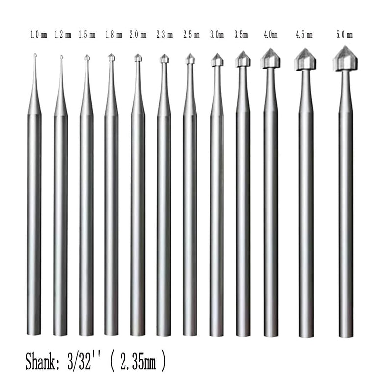 12 Pcs Jewelry Setting Burr - 3/32'' Shank Stone Setting Burs Cylinder - Cone Shape Lapidary Making Tools (010-050)