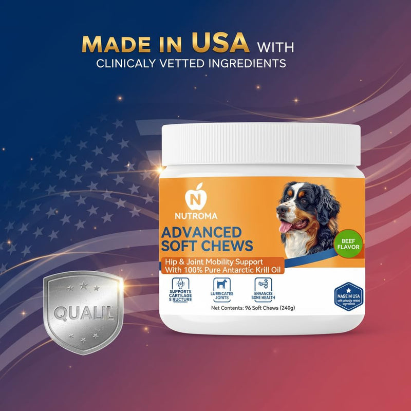 Advanced Soft Chews for Dogs – Hip & Joint Mobility Support with Antarctic Krill Oil, Eggshell Membrane & Hyaluronic Acid – 96 Chews (Beef) Beef