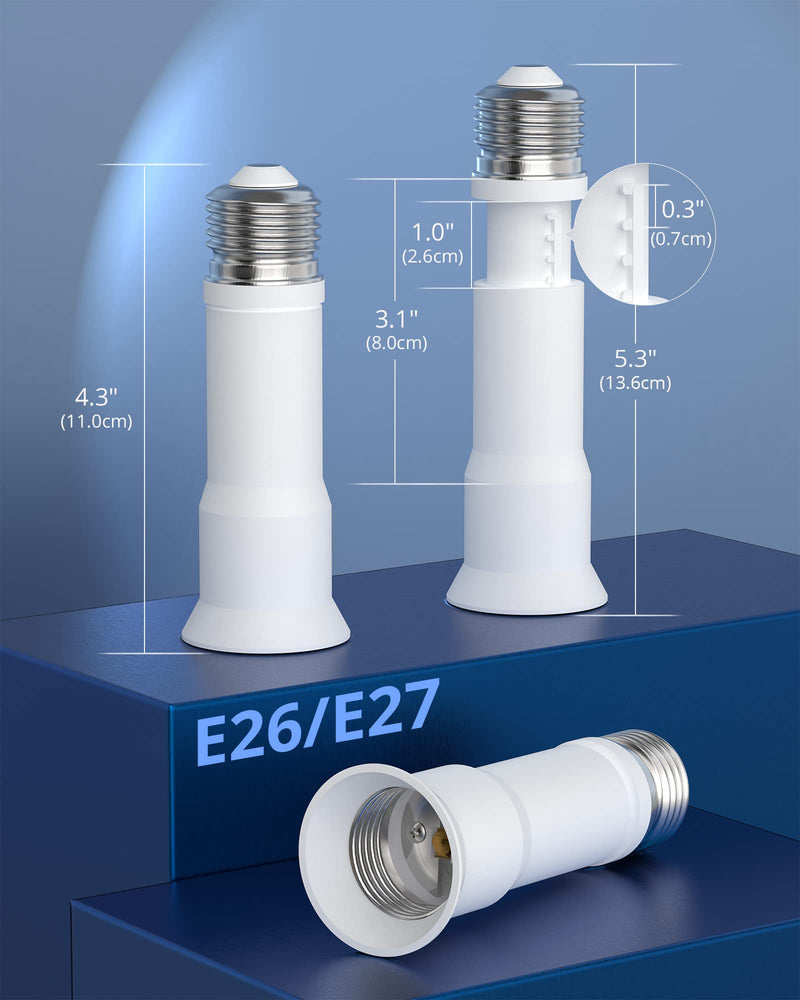 JACKYLED E26 Light Socket Extender 4-Level Extendable, 3.1-4.3in/8-11cm Extension E26/E27 Bulb Adapter Socket Converter, Light Bulb Extension, Lamp Bulb Adapter for Living Room, Kitchen, 2-Pack