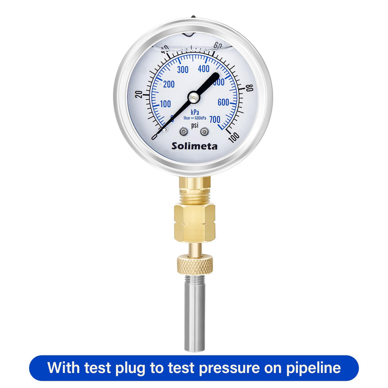 2-1/2" Dial Size, Oil Filled Pressure Gauge, 100psi Pressure Gauge, 1/4" NPT Lower Mount, with Brass Test Plug 1/4"NPT Female with Gauge