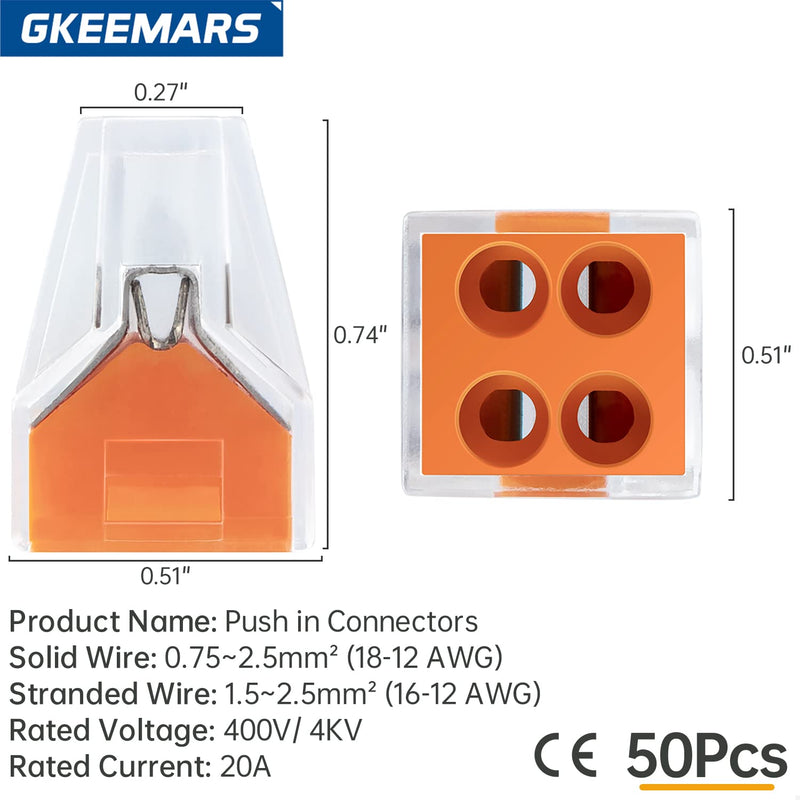 GKEEMARS 50 Pcs Push in Connectors Terminal Block 4 Conductor for Junction Box (4 Conductor)