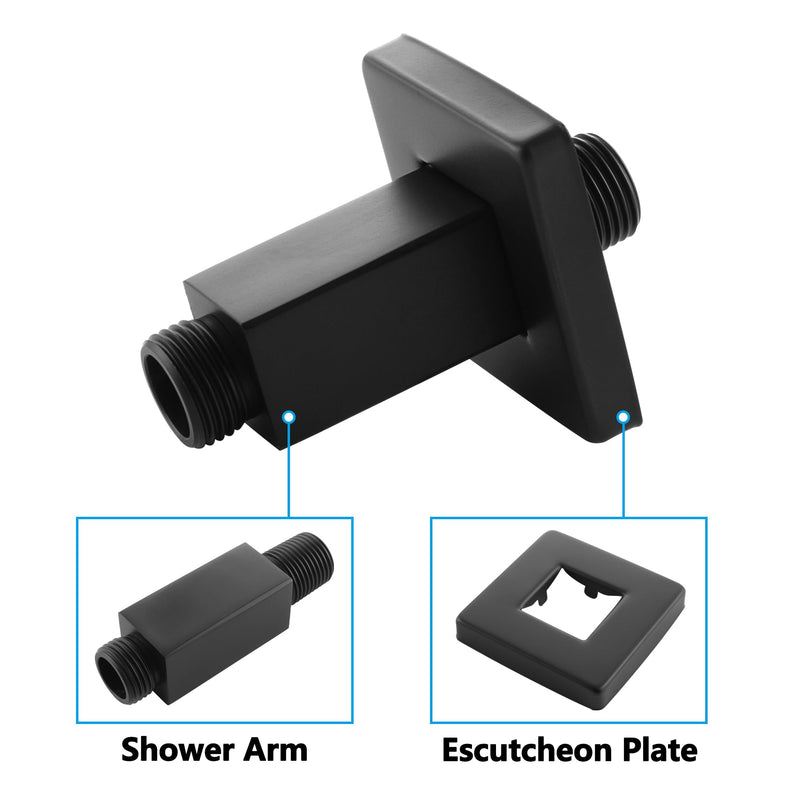 Straight Shower Arm with Flange Ceiling Mount Square Shower Extender for Fixed Shower Head 3 Inch Rainfall Shower Head Arm Extension, Matte Black Square Black